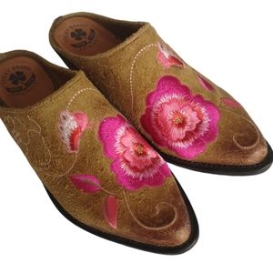 Lucky Brand Cathy Brown Suede Mules Bohemian Boho Western Floral Embroidered 8.5